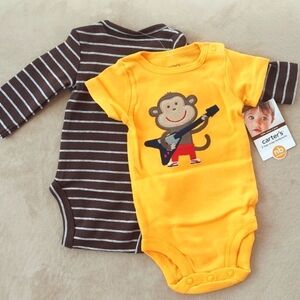 Carter's 2pc short long sleeve bodysuit monkey guitar - yellow brown - size nb